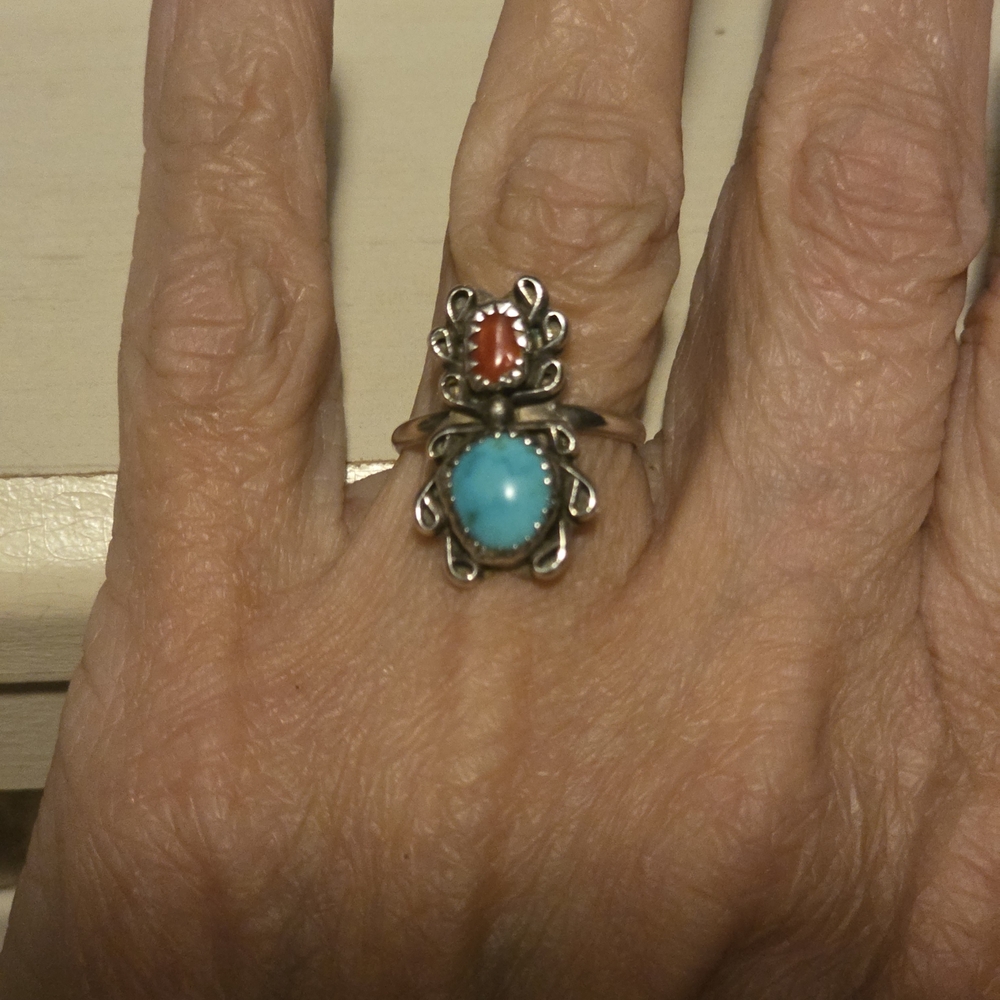 Turquoise and Red Accent Silver Ring